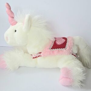 VINTAGE COMMONWEALTH WHITE PLUSH UNICORN, PINK HORN, RED & PINK SADDLE W/HEARTS
